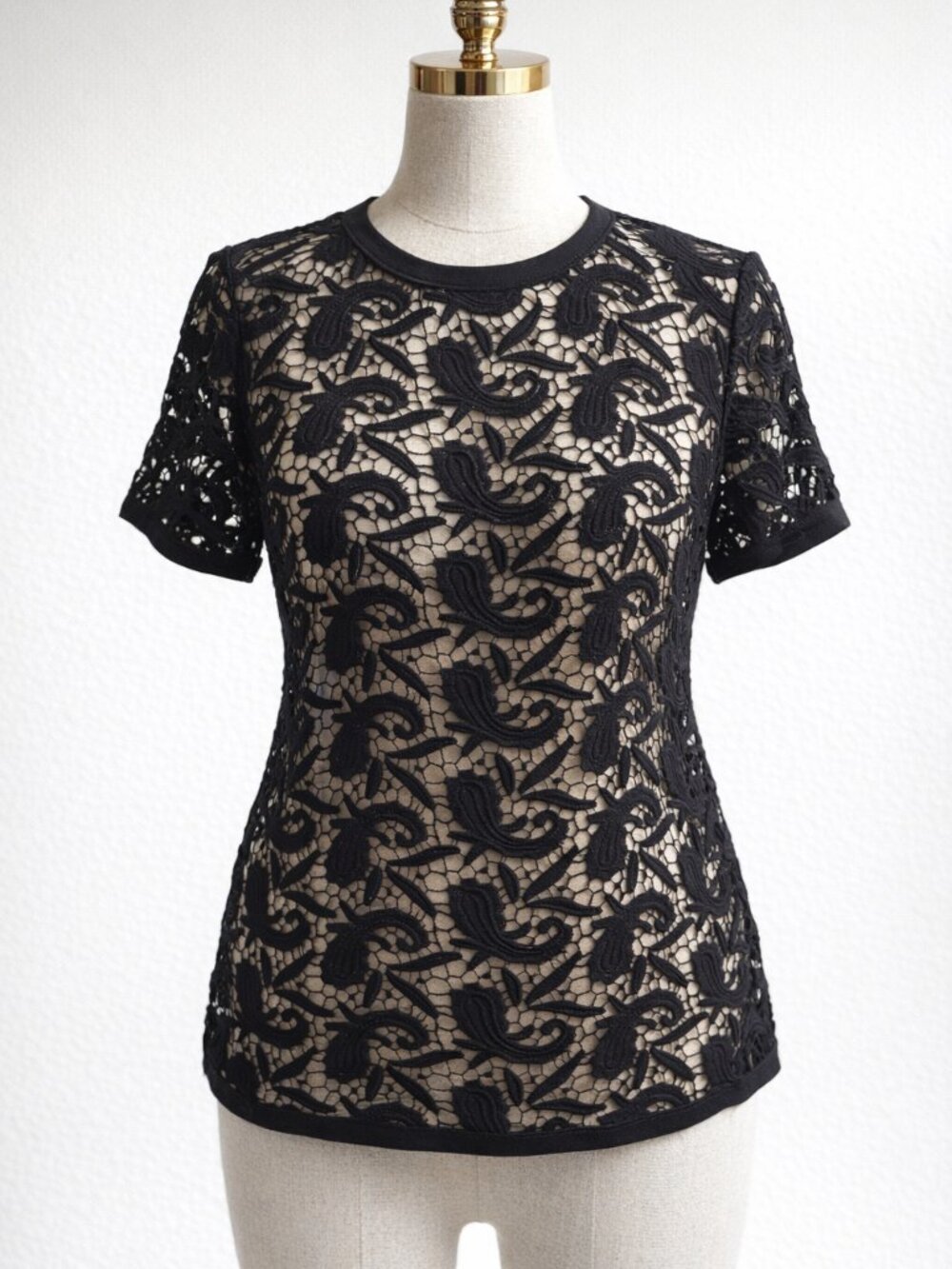 LOFT Black Crochet Lace Sheer Top Short Sleeve Keyhole Petite Medium PM